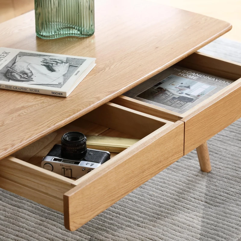Solid Oak Coffee Table with 2-Drawer Storage and Open Shelf, Multi-Use Low Writing Desk for Modern Homes, 47″ L x 22″ W x 17.5″ H, Oak