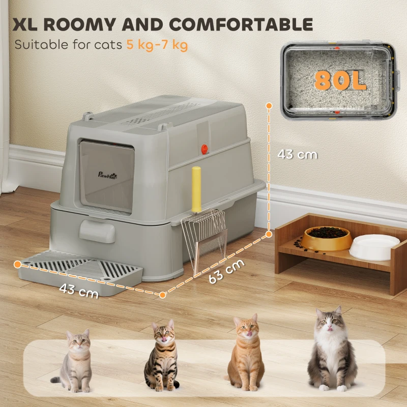 PawHut 80L XL Stainless Steel Cat Litter Box for Big Cats with Flip Cover, Pull-Out Drawer Tray, High Sided, Pedal, Light Grey