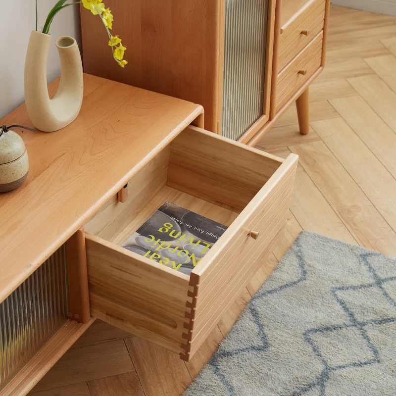 Modern TV Cabinet with High-Quality Glass Doors, Sturdy TV Stand with 2 Pull-Out Drawers, 71″ L x 12.5″ W x 16.5″ H, Natural Wood
