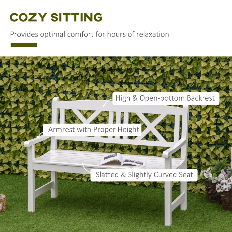 Outsunny 2-Seater Wooden Garden Bench, 4FT Outdoor Patio Loveseat with Unique X-Shape Back for Yard, Lawn, Porch, White