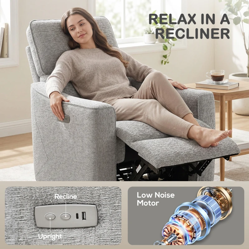 HOMCOM Power Recliner Chair, Chenille Upholstered Recliner Chair with USB Ports, Footrest, Grey