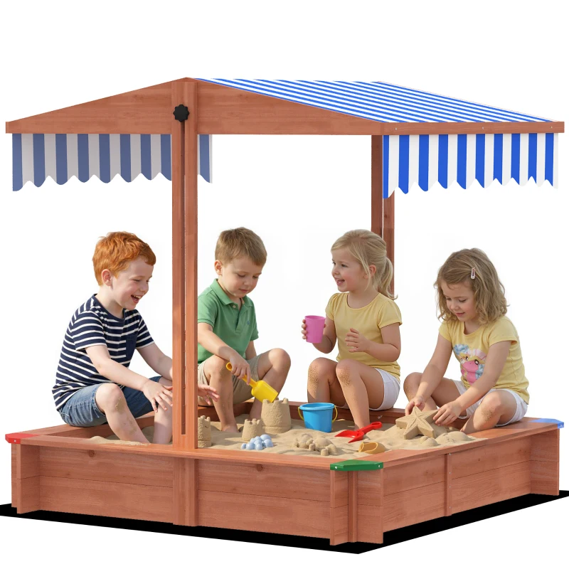 Outsunny Wooden Sandbox with Cover, Kids Sandbox Outdoor with Adjustable Canopy and Seats for Backyard, Beach, Dark Brown