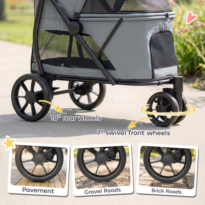 PawHut 3 Wheel Pet Stroller with Easy One-Click Quick Fold, Mesh Window, Washable Cushion, for Medium Dogs, Gray