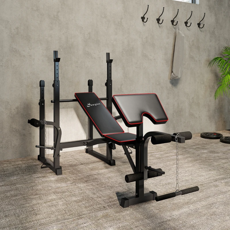 Soozier Weight Bench with Barbell Rack, Preacher Curl Bench, Leg Curl Machine for Home Weight Lifting Strength Training