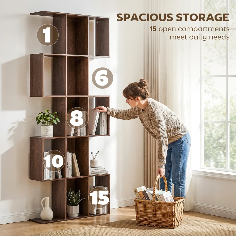 HOMCOM 5-Tier Bookshelf, S Shaped Geometric Bookcase with 15 Compartments, Brown Wood Grain