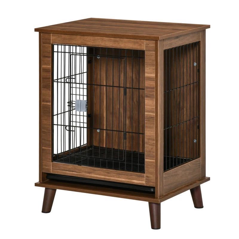 PawHut Wooden Dog Kennel, End Table Furniture with Lockable Doors, Small Size Pet Crate Indoor Animal Cage, Brown