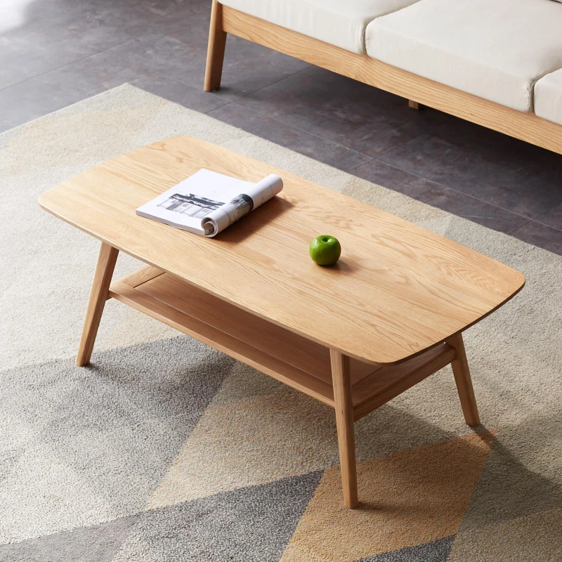 Heavy-Duty Coffee Table with 2-Tier Storage Shelf & Rounded Corners, Safe Center Table for Living Room, 31.5″ L x 19.5″ W x 17.5″ H, Oak