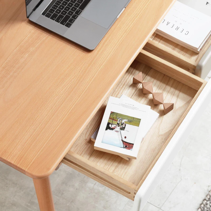 Modern Computer Desk with Gap Design and Rounded Corners, Durable Work Desk with 2 Drawers, 47″ L x 22″ W x 29.5″ H, Natural