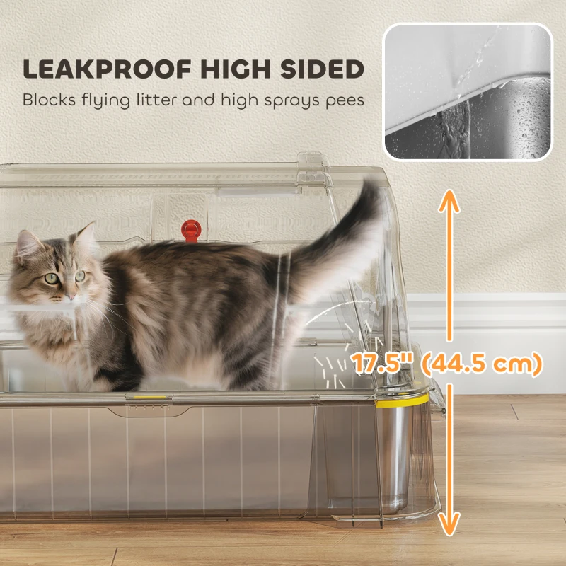 PawHut 80L XL Stainless Steel Cat Litter Box for Big Cats with Flip Cover, Pull-Out Drawer Tray, High Sided, Pedal, Light Grey