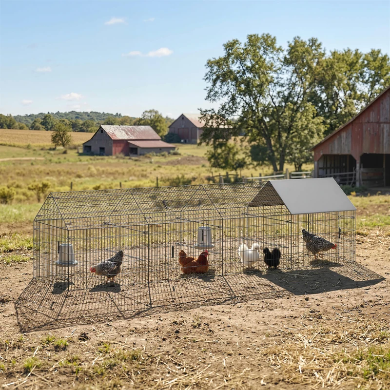 PawHut Metal Chicken Coop, Large Chicken Run with Water-Resistant & Anti-UV Cover for 4-6 Hens, Outdoor Hen House with 6 Doors