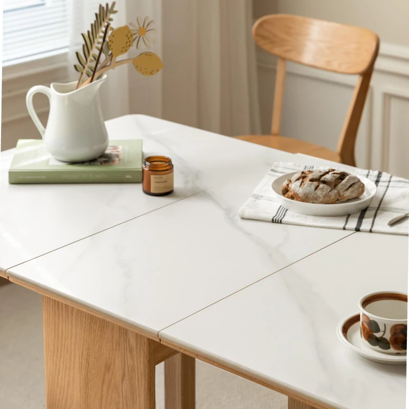 Solid Oak Extending Dining Table with Faux Rock Slab Top, Space-Saving Kitchen Table for 4-6 People, 559″ L x 31.5″ W x 29.5″ H, Light Oak