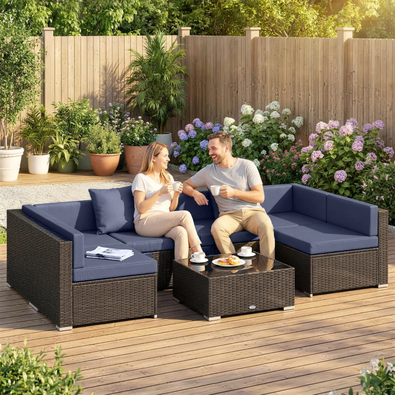 Outsunny 7pc Garden Wicker Sectional Set w/ Tea Table Patio Rattan Lounge Sofa Outdoor Deck Furniture Navy Blue