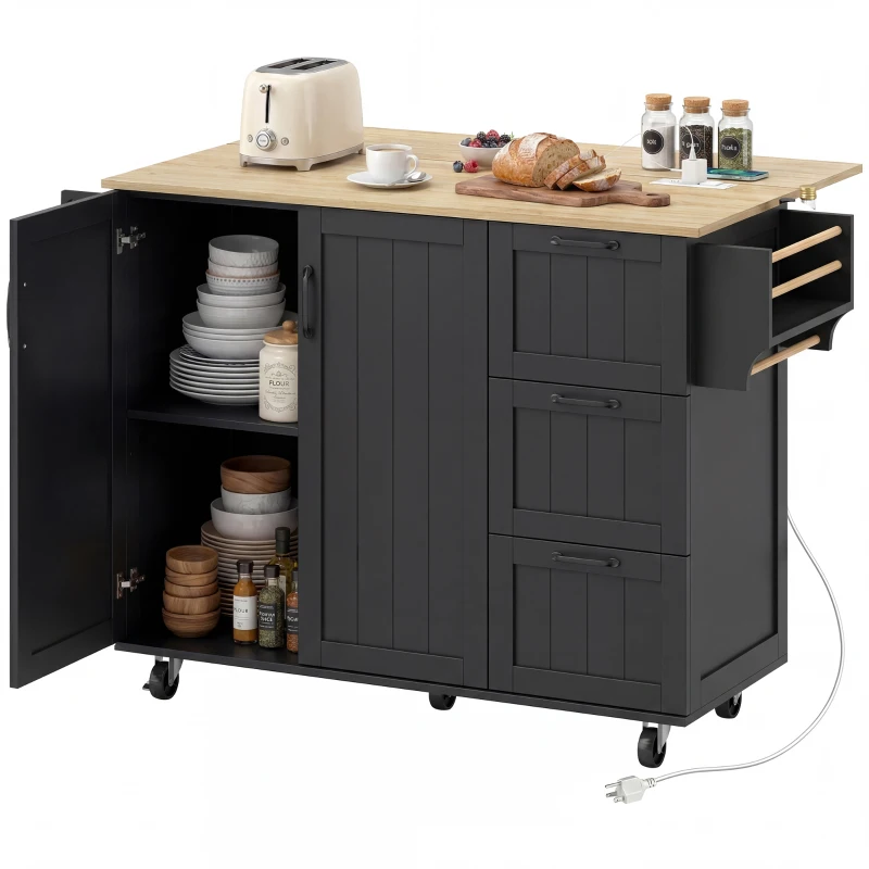 HOMCOM Kitchen Island with Drop Leaf, Rolling Kitchen Cart with Power Outlet, Cabinet, 3 Drawers, Spice Rack, Towel Bar, Black