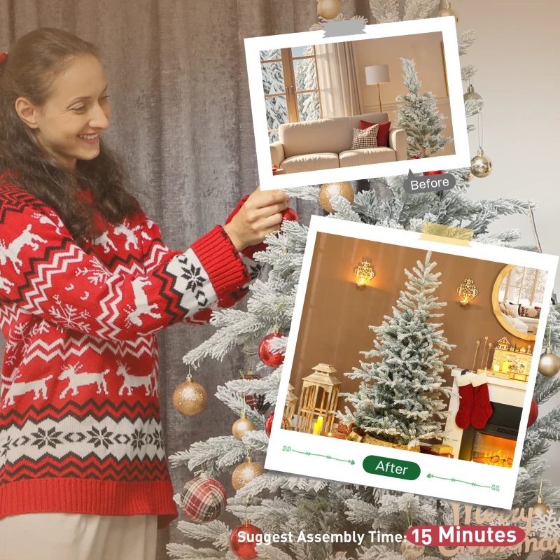 HOMCOM 6 ft Artificial Frosted Christmas Tree with Realistic Branches, Wide Full Spruce, Hinged Xmas Tree, Easy Assembly