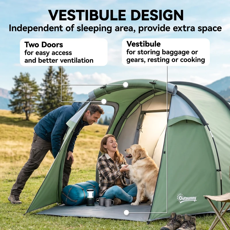 Outsunny Pop Up Camping Tent with Vestibule Waterproof Tent for 2-3 Person, Dark Green
