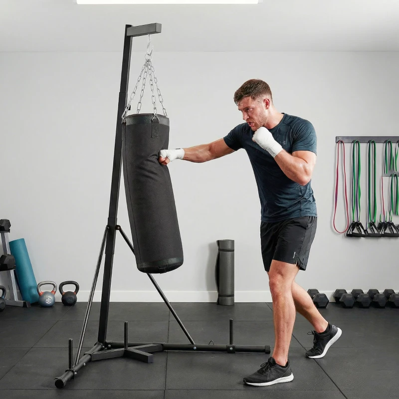 Soozier Punching Bag with Stand for Adults, 72.8"-90.9" Height Adjustable Freestanding Boxing Stand with Canvas Sandbag, Black
