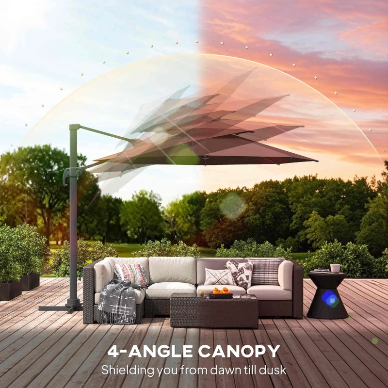 Outsunny 11ft Cantilever Patio Umbrella with Base, Double Top Hanging Aluminum Offset Umbrella with 360° Rotation, Easy Tilt, 8 Ribs, Crank, Cross Base for Backyard, Brown