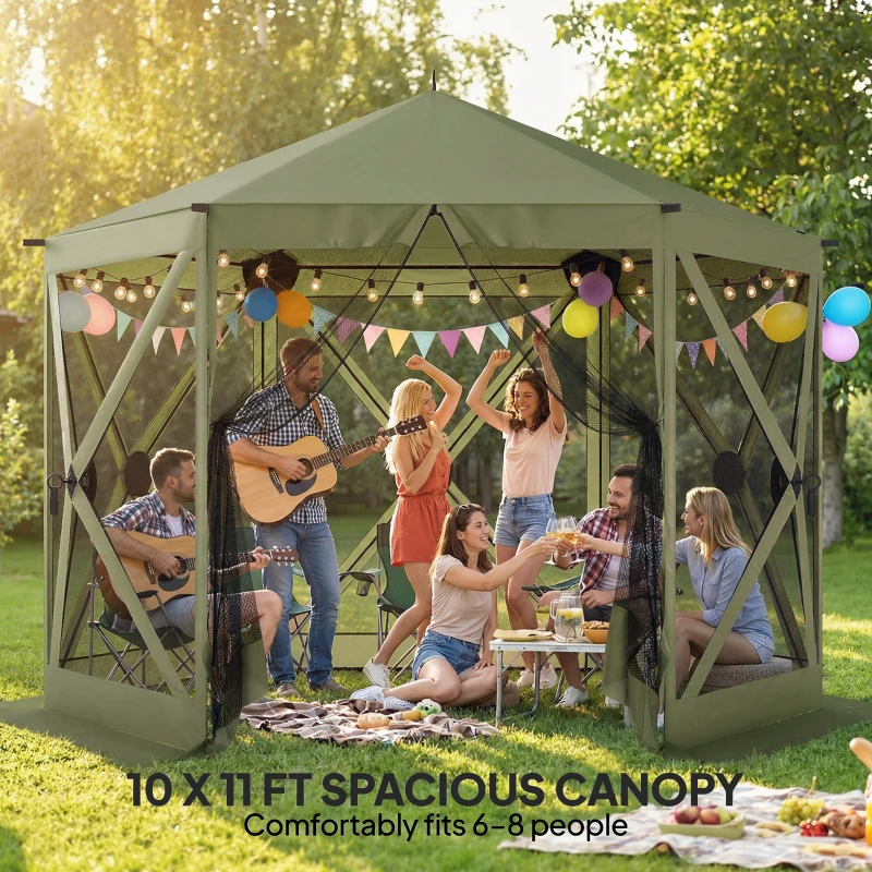 Outsunny 10 x 11 ft Pop Up Gazebo Screen Tent, Portable Instant Camping Canopy Screen House with Nettings, Carry Bag, Dark Green