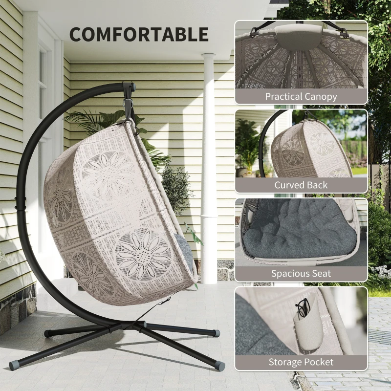 Outsunny Hanging Egg Chair with Stand, Foldable Basket Swing Chair with Removable Washable Cushion, Dark Grey