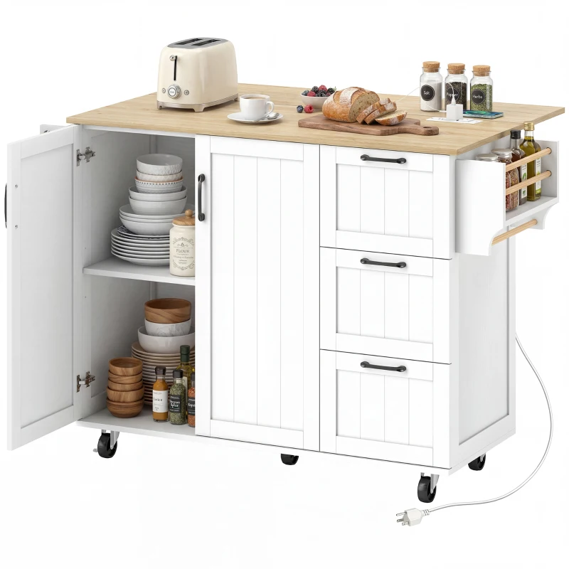 HOMCOM Kitchen Island with Drop Leaf, Rolling Kitchen Cart with Power Outlet, Cabinet, 3 Drawers, Spice Rack, Towel Bar, White