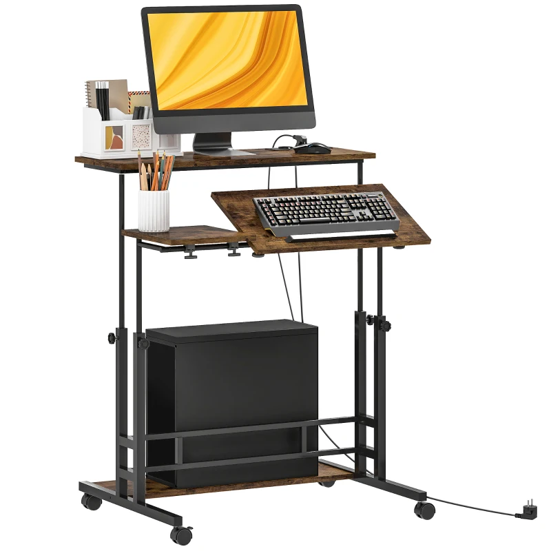 HOMCOM Adjustable Standing Desk with Power Outlets, Stand Up Desk with Tiltable Tabletop, Wheels, Shelf, for Home Office, Brown