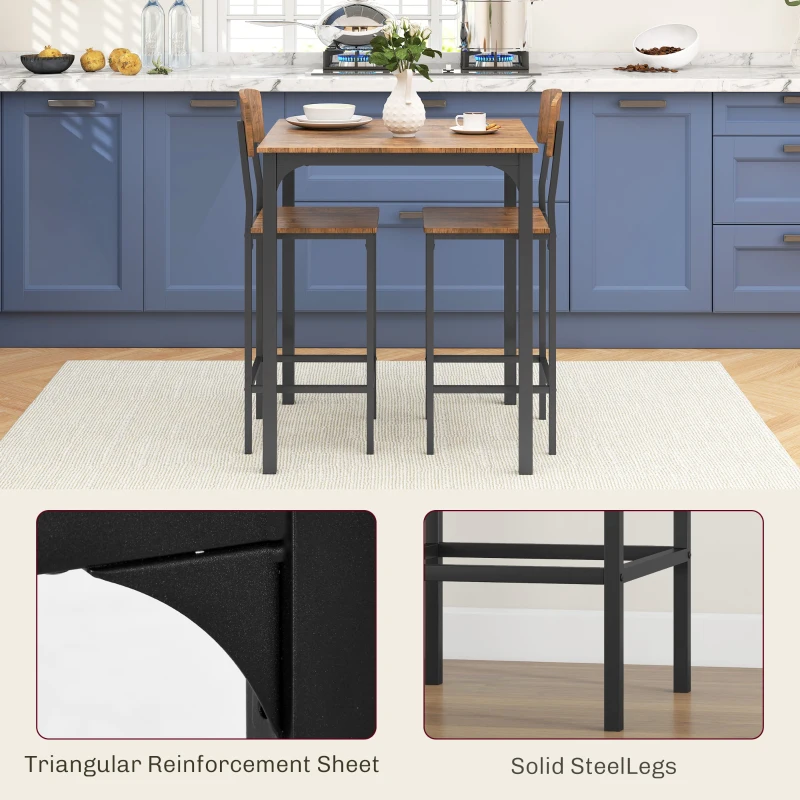 HOMCOM 3 Piece Pub Table and Chairs, Small Kitchen Table and Chairs, Square Dining Table with 2 Stools, Walnut and Black