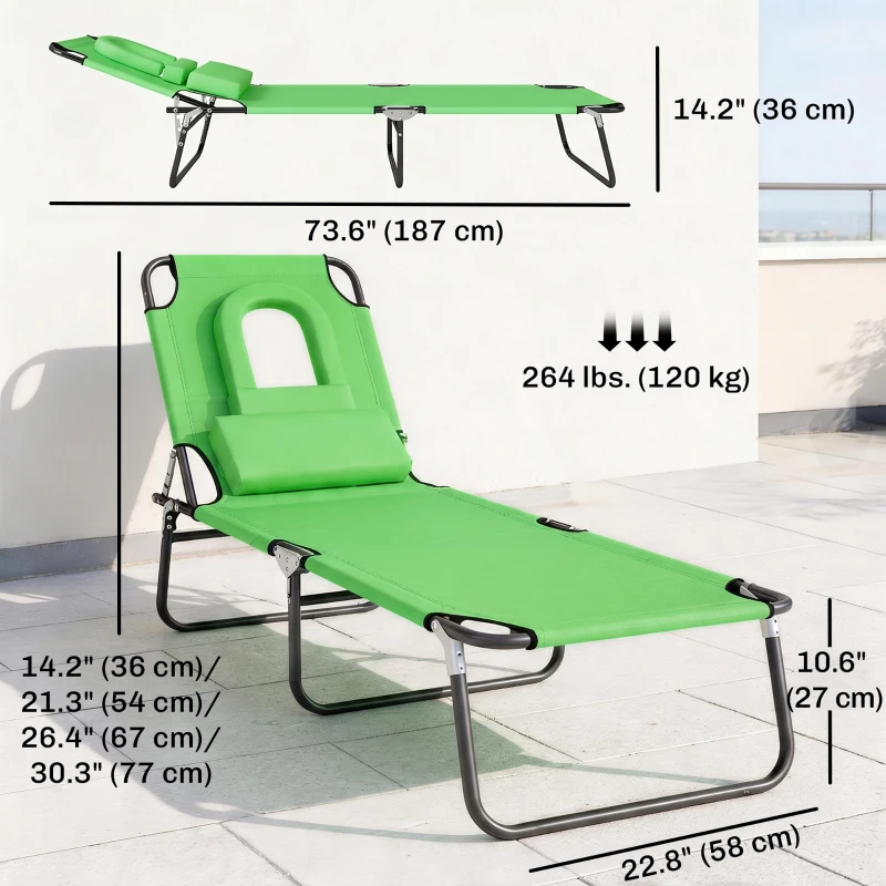 Outsunny Folding Chaise Lounge Chair, Reclining Beach Tanning Chair with Face Hole, Pillow, 4-Position Adjustable Lay Flat Sun Lounger, Steel Frame for Outdoor Patio Pool, Green