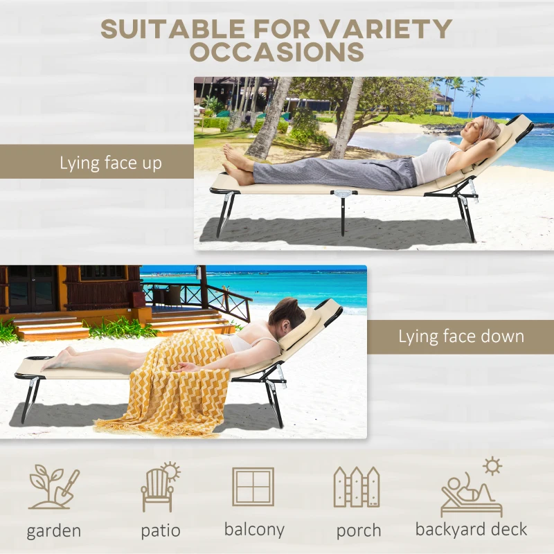 Outsunny Folding Lounge Chair Set of 2, Reclining Beach Tanning Chair with Face Hole, Pillow, 4-Position Adjustable Flat Sun Lounger, Steel Frame for Outdoor Patio Pool, Beige