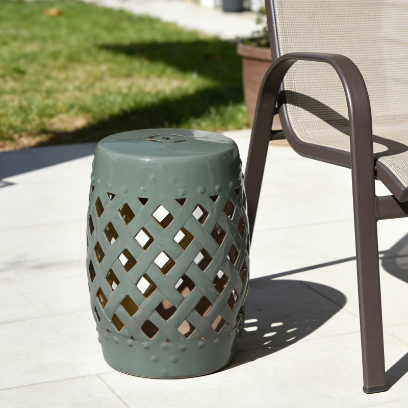 Outsunny 13" x 18" Ceramic Garden Stool with Woven Lattice Design & Glazed Strong Materials Decorative Outdoor Stool, Green
