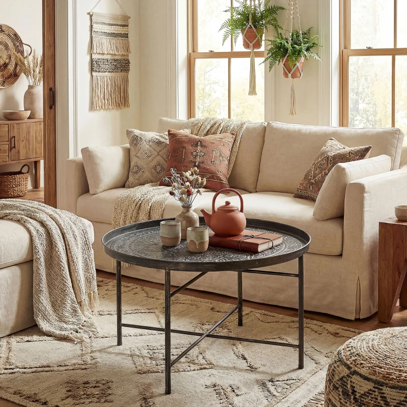 HOMCOM Coffee Table for Living Room, 24" Round Center Table with Hammered Tray Top and Metal Frame for Bedroom, Pewter