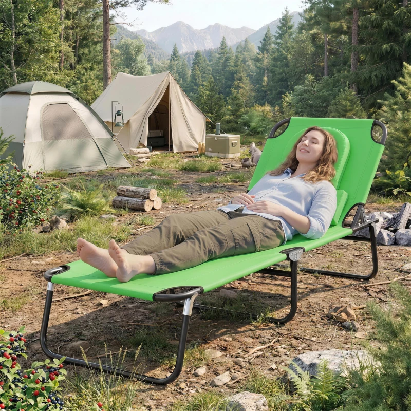 Outsunny Folding Chaise Lounge Chair, Reclining Beach Tanning Chair with Face Hole, Pillow, 4-Position Adjustable Lay Flat Sun Lounger, Steel Frame for Outdoor Patio Pool, Green