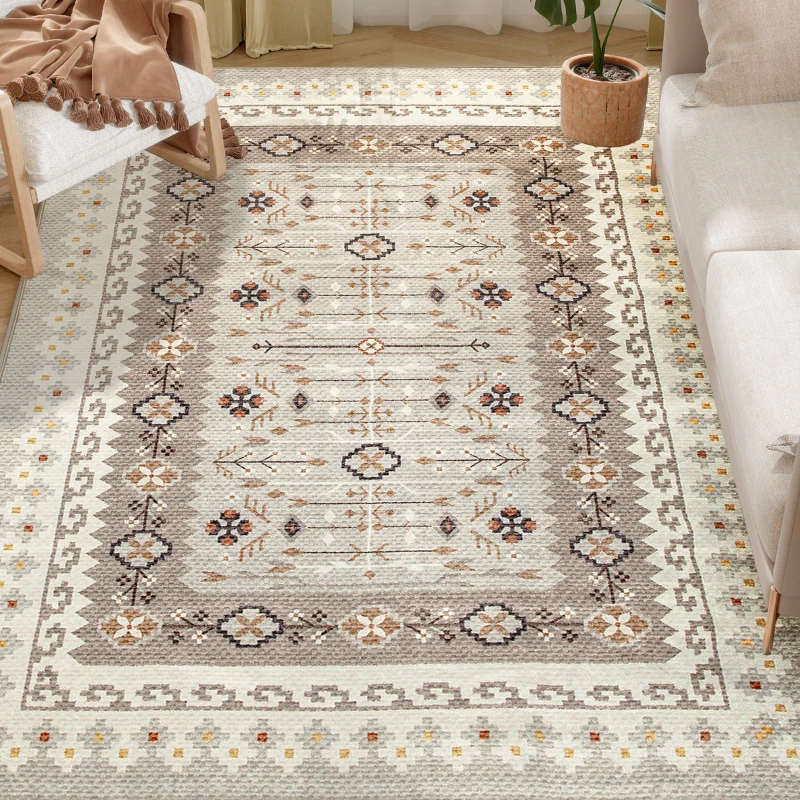 HOMCOM Machine Washable Area Rug 5x7, Non-Slip Boho Flannel Print Floor Carpet for Living Room, Bedroom, Dining Room, Brown