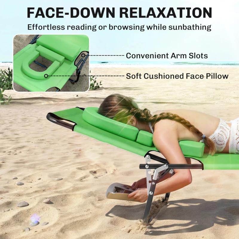 Outsunny Folding Chaise Lounge Chair, Reclining Beach Tanning Chair with Face Hole, Pillow, 4-Position Adjustable Lay Flat Sun Lounger, Steel Frame for Outdoor Patio Pool, Green