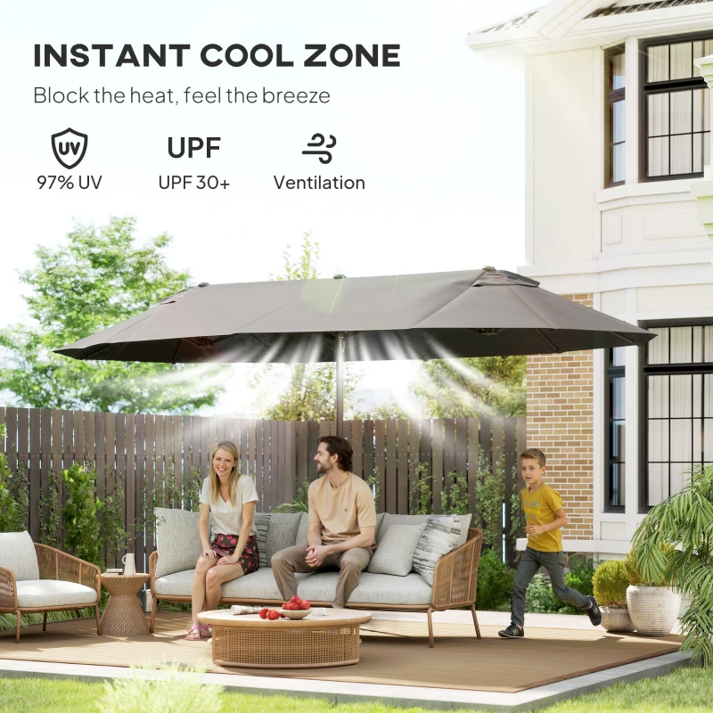 Outsunny 15' Double-Sided Patio Umbrella Parasol Sun Shelter Canopy Shade Grey