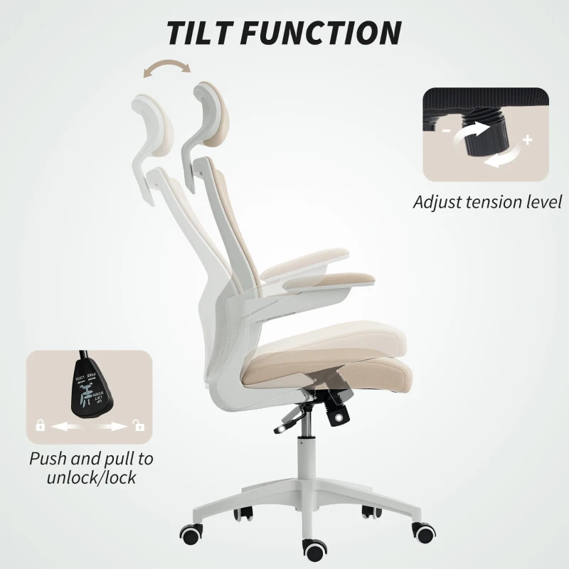 HOMCOM Ergonomic Office Chair, Swivel Desk Chair with Adjustable Lumbar Support, Headrest and Height, Flip-up Armrests, Beige
