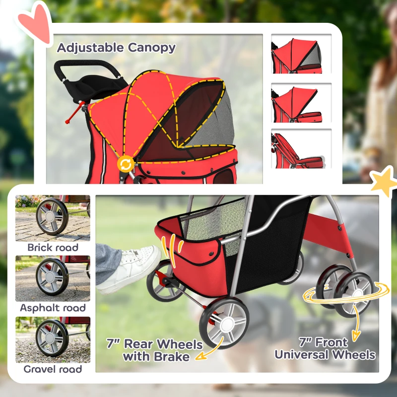 PawHut Pet Stroller with Reflective Strips, Foldable Cat Stroller with 360° Swivel Wheels for Small Dogs and Cats, Red