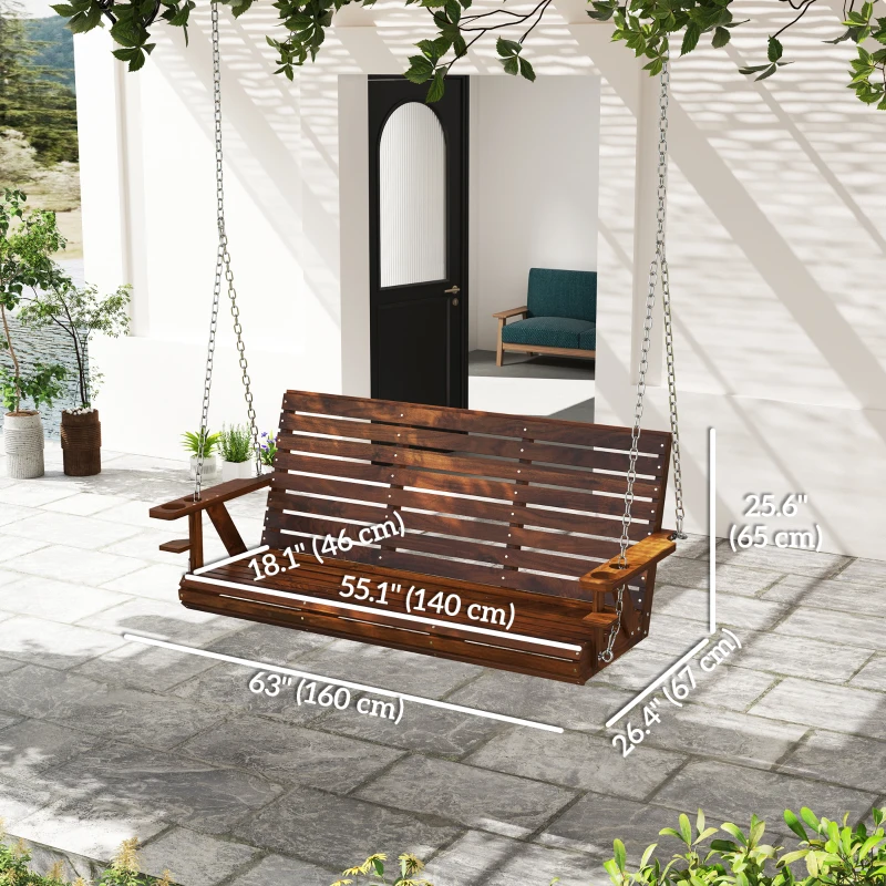 Outsunny 3-Seater Swing Bench, Wooden Porch Swing with Cupholders, Hanging Chains for Patio Garden, Carbonized