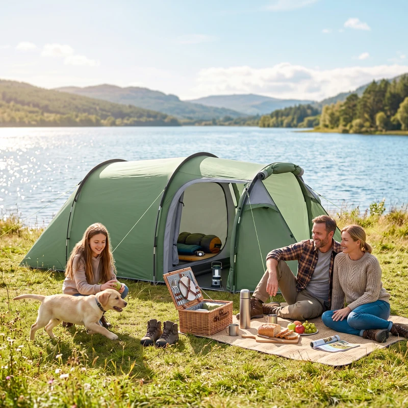 Outsunny Pop Up Camping Tent with Vestibule Waterproof Tent for 2-3 Person, Dark Green