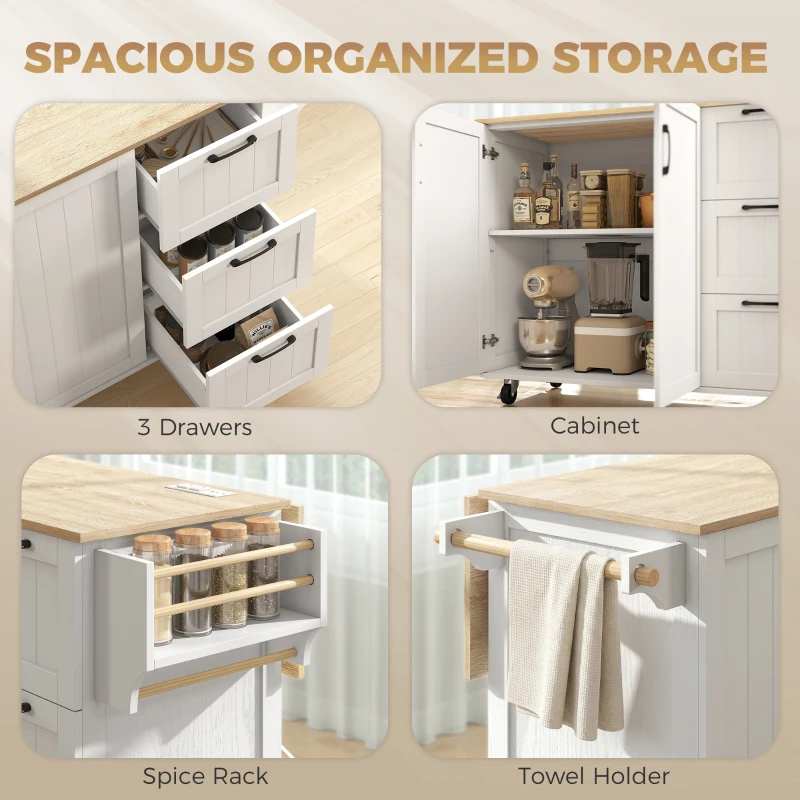 HOMCOM Kitchen Island with Drop Leaf, Rolling Kitchen Cart with Power Outlet, Cabinet, 3 Drawers, Spice Rack, Towel Bar, White