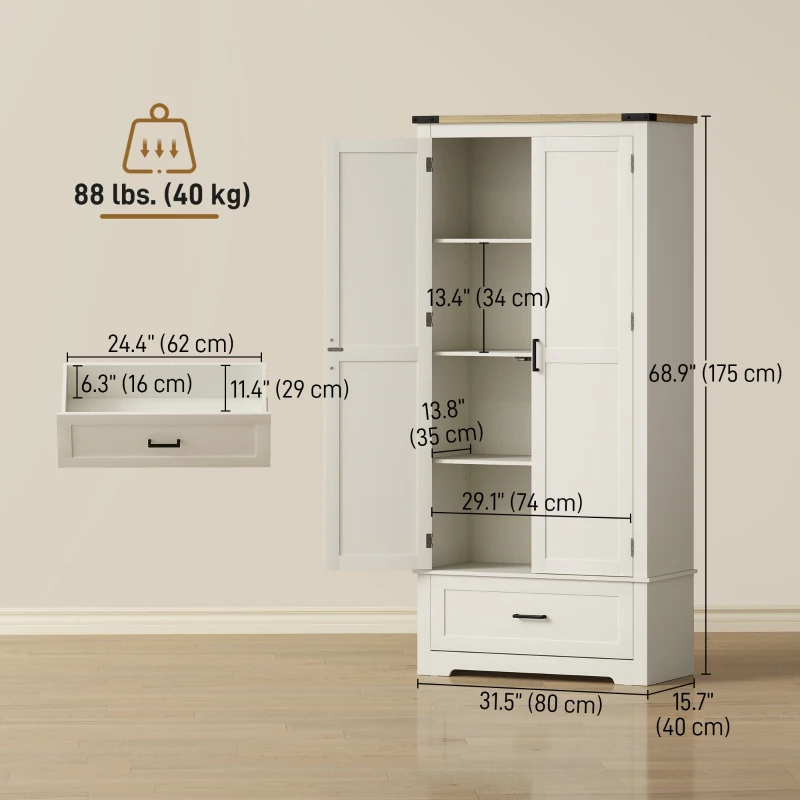 HOMCOM 69" Tall Farmhouse Kitchen Pantry Cabinet with 2 Doors, Drawer and Adjustable Shelves, Cream White