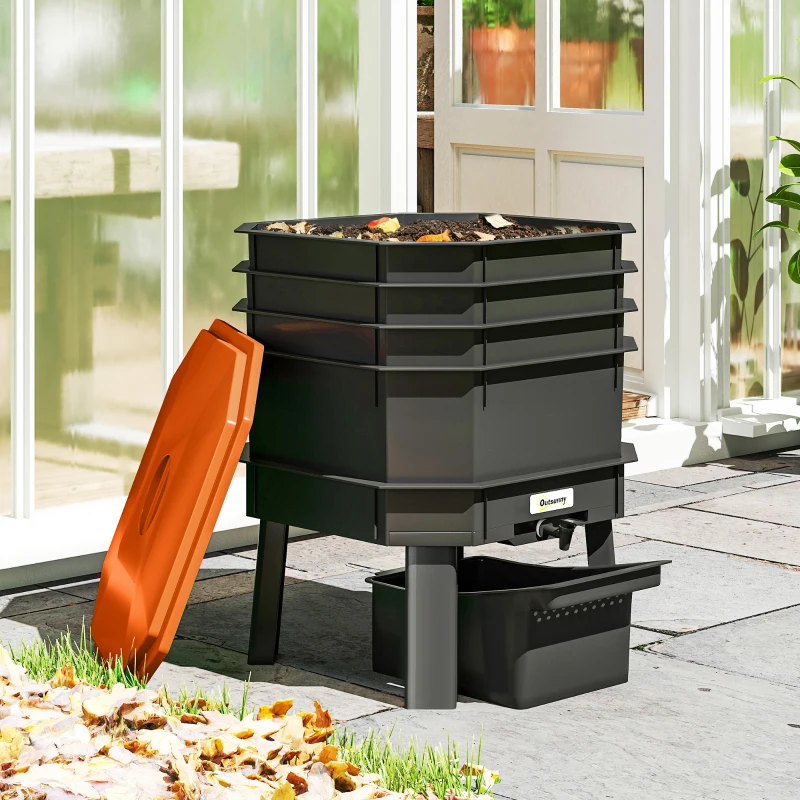 Outsunny 4-Tray Worm Composter Bin, 7.4 Gal Outdoor & Indoor Worm Composter for Recycling Food Waste, Orange