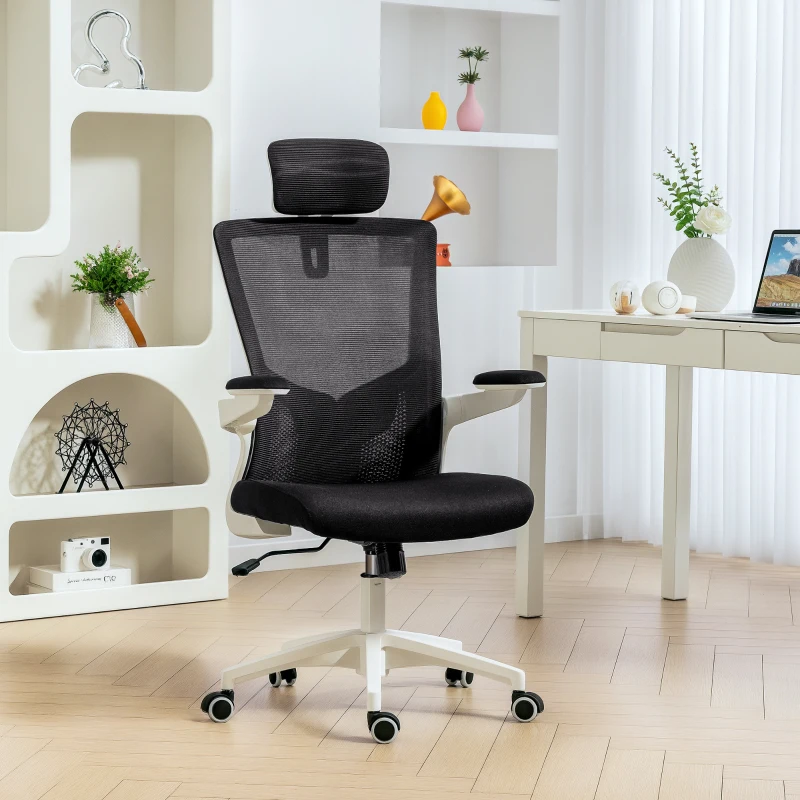 HOMCOM Ergonomic Office Chair, Swivel Desk Chair with Adjustable Lumbar Support, Headrest and Height, Flip-up Armrests, Black