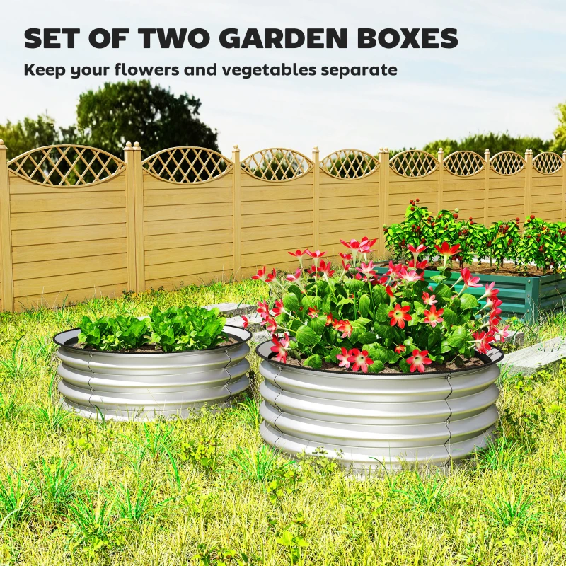 Outsunny Set of 2 Raised Garden Bed, Metal Planter Box with Safety Edging, Easy-to-assemble Stock Tank 2'x2'x1' Silver