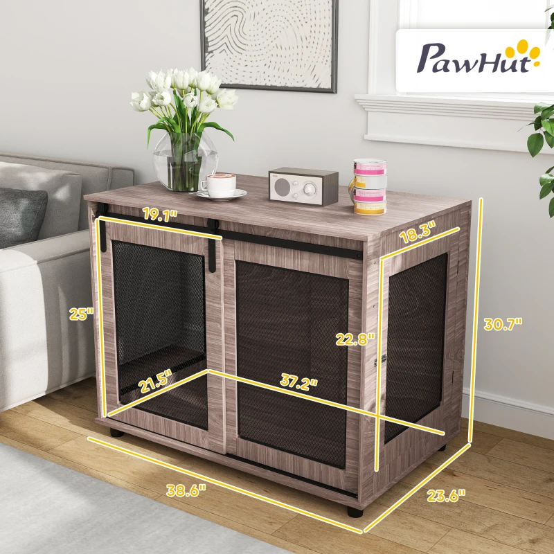 PawHut 39" Dog Crate Furniture, Dog Kennel Furniture End Table with Sliding Barn Door for Large Dogs, Walnut Brown
