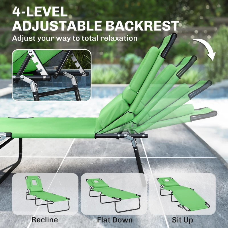 Outsunny Folding Chaise Lounge Chair, Reclining Beach Tanning Chair with Face Hole, Pillow, 4-Position Adjustable Lay Flat Sun Lounger, Steel Frame for Outdoor Patio Pool, Green