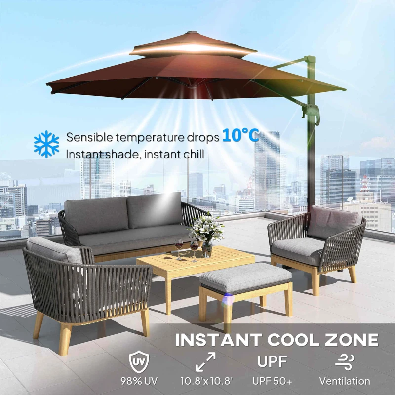Outsunny 11ft Cantilever Patio Umbrella with Base, Double Top Hanging Aluminum Offset Umbrella with 360° Rotation, Easy Tilt, 8 Ribs, Crank, Cross Base for Backyard, Brown