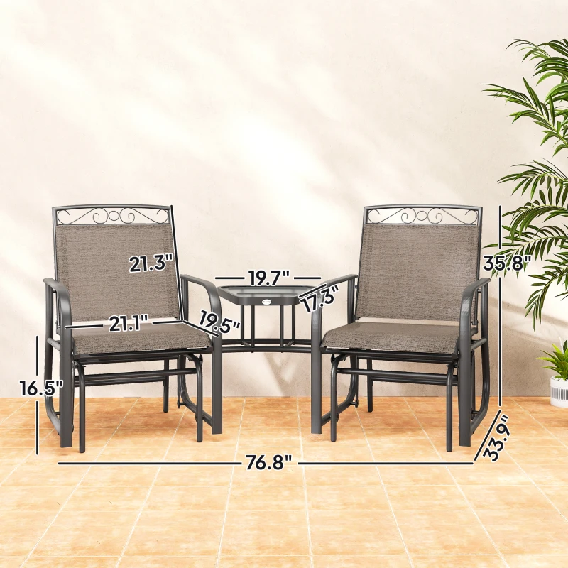 Outsunny Outdoor Glider Chairs with Coffee Table, Patio 2-Seat Rocking Chair Swing with Breathable Sling for Backyard, Garden and Porch, Brown