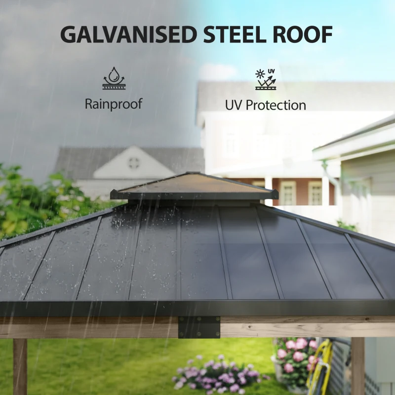 Outsunny 12' x 14' Hardtop Gazebo Canopy with Galvanized Steel Roof, Wood Frame, Double Roof Outdoor Gazebo, Light Walnut
