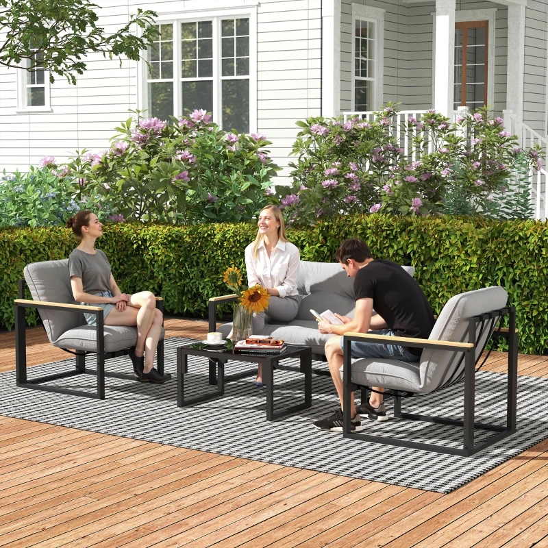Outsunny 4 Piece Patio Furniture Set, Outdoor Loveseat Sofa Set with Thick Cushions and Coffee Table, Light Grey
