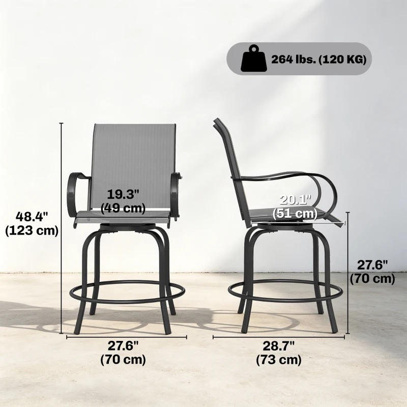 Outsunny Outdoor Bar Stools Set of 2, 360° Swivel Bar Height Chairs, 26.8" x 29.5" x 48.4", Grey
